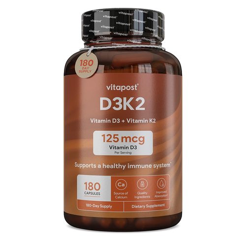 VitaPost D3K2 | D3 K2 Combines Vitamin K and Vitamin D with Calcium & BioPerine. Vitamin D3 and K2 Supplements Healthy Bones, Heart & Muscles | 180 Capsules