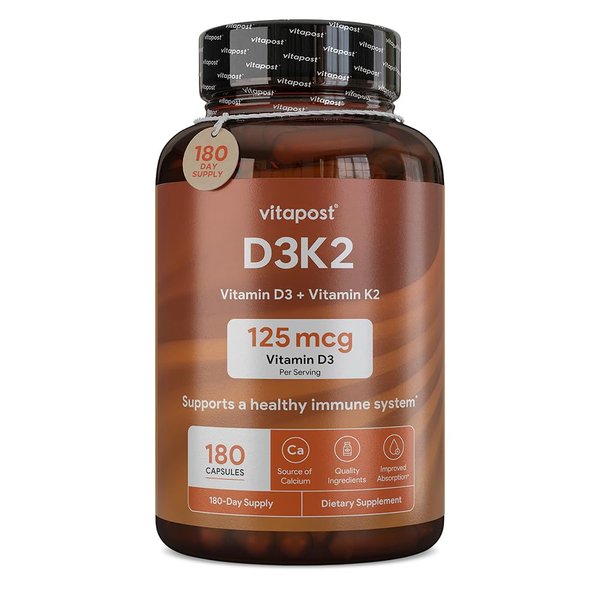 VitaPost D3K2 | D3 K2 Combines Vitamin K and Vitamin D with Calcium & BioPerine. Vitamin D3 and K2 Supplements Healthy Bones, Heart & Muscles | 180 Capsules
