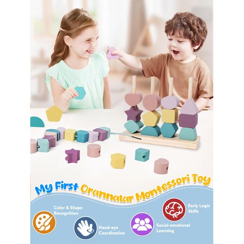 Orannalar Montessori Toys Bead Sequencing, Wooden Lacing Beads Shape Matching Blocks Stacker Stacking Game for 3 4 5 Year Old Boy Girl Kids Fine Motor Skills (2 in 1 Edition)