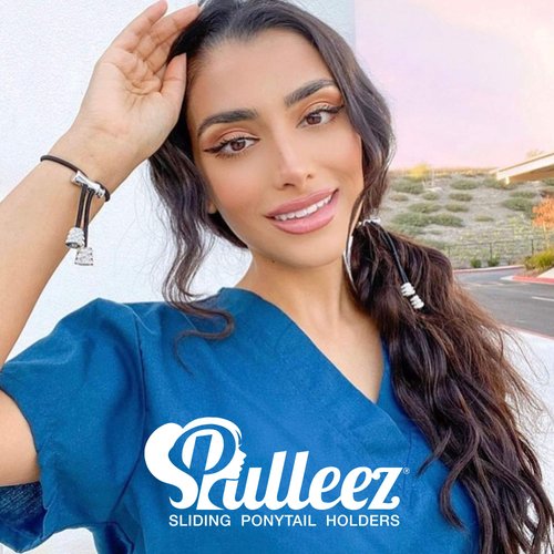 Pulleez Sliding Ponytail Holder, Silver Crystal Bell Metal Charms - Black Elastic Hair Tie Bracelet