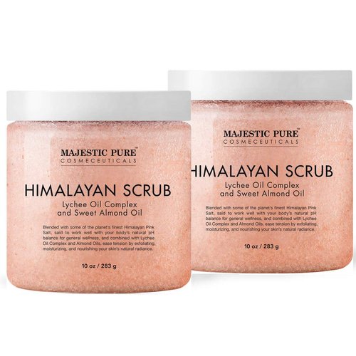 Majestic Pure Himalayan Salt Body Scrub with Lychee Oil, Exfoliating Salt Scrub to Exfoliate & Moisturize Skin, Deep Cleansing - 10 oz (Pack of 2)
