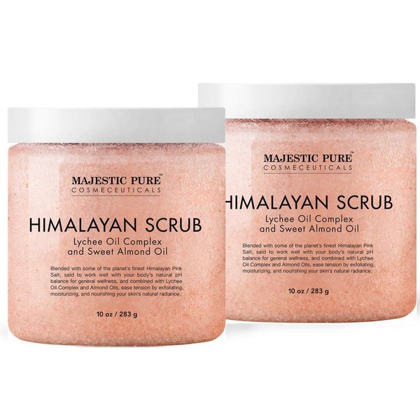 Majestic Pure Himalayan Salt Body Scrub with Lychee Oil, Exfoliating Salt Scrub to Exfoliate & Moisturize Skin, Deep Cleansing - 10 oz (Pack of 2)