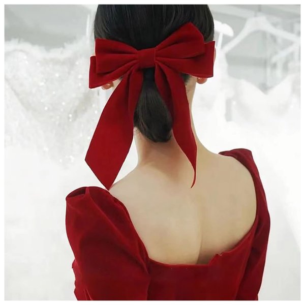 Ximdble Vintage Red Velvet Bow Hair Clip Barrette French Velvet Bow Head Clip Red Ribbon Bow Hair Barrette Headpieces Red Long Velvet Bow Hair Accessories for Women (Red)