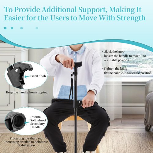 MOODIC Walking Cane Accessories-Second Handle with Immovable Fixed Knob, Easy Installation. Fits Canes Tube Diameter 0.87 in. Easy to get up, get Off