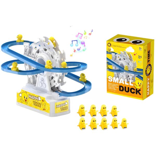 IFASHIHOME Small Duck Climbing Stairs Toy,Electric Happy Duck Ferris Wheel Track Slide with LED Flashing Lights &Music,Duck Track Slide Toy Birthday Gift for Kids,Age 3（9Pcs Ducks）