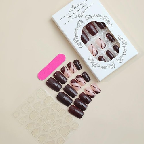 ANDGING Brown Press on Nails Short Square Fake Nails with Glue Acrylic Coffin Glue on Nails with Designs Gel Manicure Curved False Nail for Women Girls Fantasy Stick ons Nails for Wedding Birthday