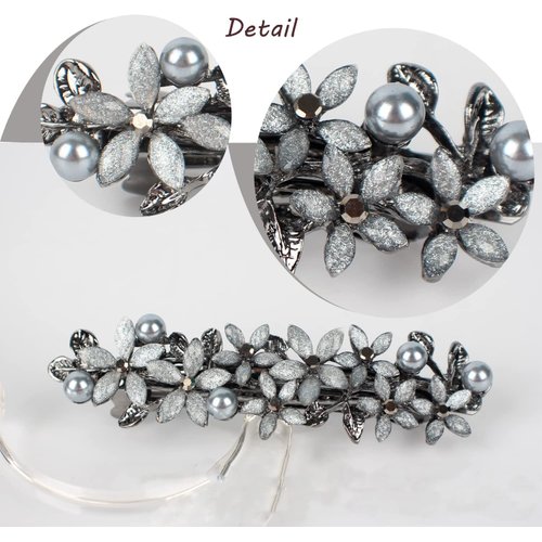 E EMZHOLE Hair Barrettes for Women, Light Grey Flower Design Rhinestone and Imitation Pearls Elegant Retro Hair Clip for Womens Hair Accessoires