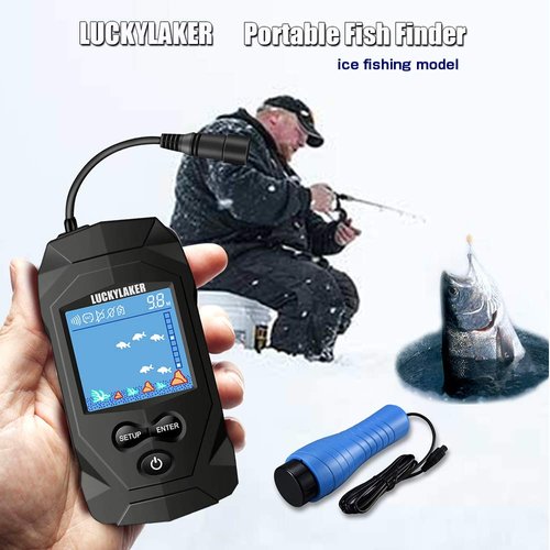 LUCKYLAKER Fish Finder, LCD Monitor, Portable Wired Sonar Transducer, Depth Handheld Ice Fishing Finder, 2.0 inch Display, 328ft Depth Range, 4 AAA Batteries