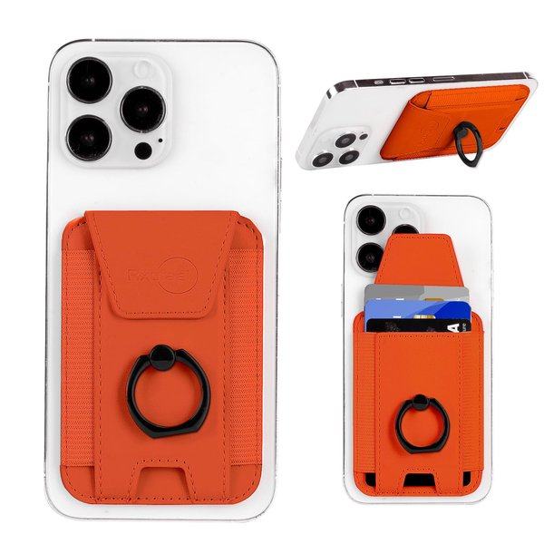 Rxuiael 3-in-1 Magnetic Wallet with Phone Grip/Phone Stand/Leather Privacy Flap for Back of iPhone 14/13/12 Series KB-B-ZH-Orange
