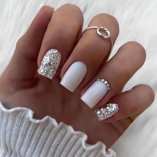 Square Press on Nails Short White Fake Nails Acrylic Artificial Glue on Nails Decorations Sequin False Nails with Designs Matte Stick on Nails for Women Girls 24Pcs