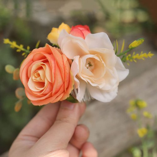 Fangsen Wedding Orange Ivory Rose Flower Hair Comb Boho Wedding Bridal Hair Accessory for Women and Girls Silver