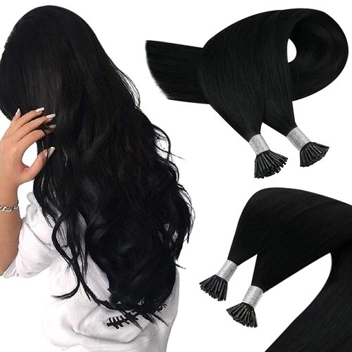 Sunny I Tip Hair Extensions Human Hair 50S I Tips Hair Extensions Jet Black Cold Fusion Itips Real Human Hair Extensions for Women Black Hair Extensions Long Straight 50G 24Inch