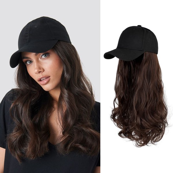 AynnQueen Baseball Cap with Detachable Hair Extensions for Women 21 inch Long Wavy Synthetic Hair with Adjustable Hat Wig Attached Black Baseball Cap (Medium Brown)