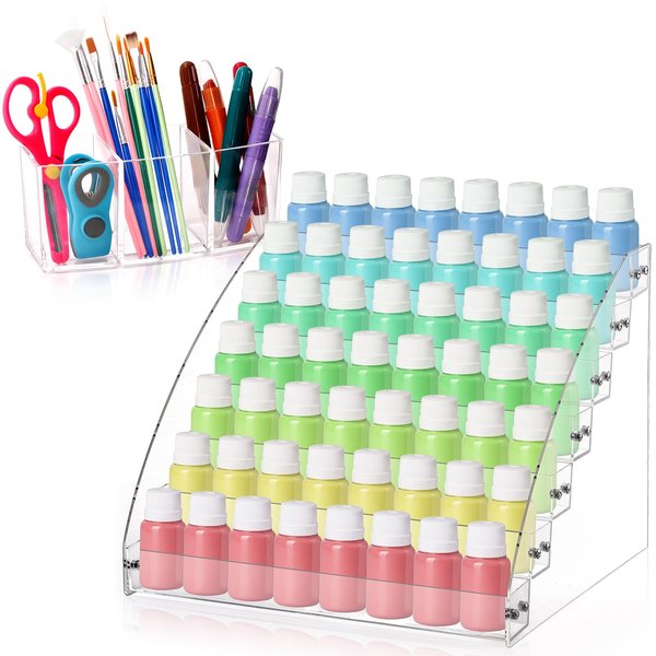 Cididu Acrylic Paint Organizer, 7 Layers Paint Storage Rack with 3 Compartments Brush Organizer, Clear Paint Holder Rack for Tubes Ink Bottle, Nail Polish Shelf Organizer Essential Oils Holder