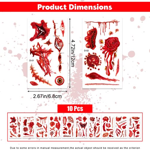 10 Sheets Halloween Wound Tattoos Temporary Scar Tattoo Stickers,Realistic Bloody Fake Scars,Waterproof Halloween Makeup for Adults and Kids, Zombie Face Tattoo Decorations for Cosplay Costume Party