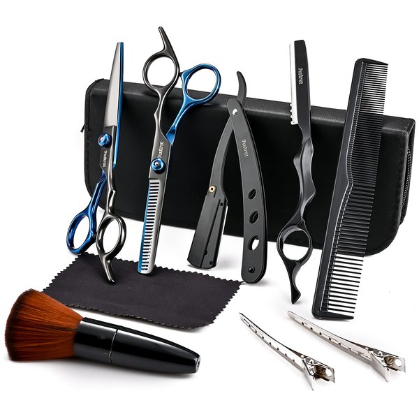 Barber Hair Cutting Scissors Set, Fozirut Professional Haircut Scissors Thinning Shears Straight Edge Razor Barber Accessories Hair Trimming Kit, Hairdresser Tools Haircutting Shears Pro for Men Women