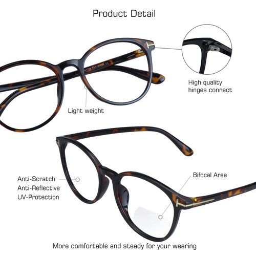 VisionGlobal Bifocal Reading Glasses for Men and Women - Stylish Retro Oval Computer Readers (Up+0.00/Down+1.25)