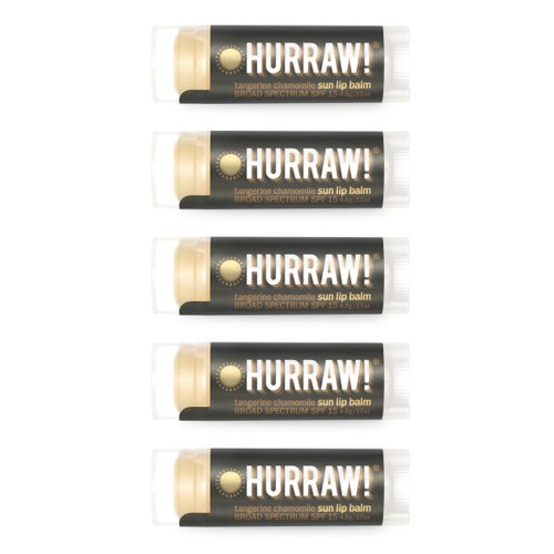 Hurraw! Sun Lip Balm (Zinc Oxide Protection, Broad Spectrum SPF 15, Tangerine, Chamomile), 5 Pack: Organic, Certified Vegan, Gluten Free. Non-GMO, All-Natural. Bee, Shea, Soy & Palm Free. Made in USA