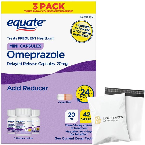 BASKETGOODS Equate Omeprazole | Omeprazole Delayed 20 mg | Heartburn Medicine | Acid Reflux Medicine | 42 Capsules Set with Basket Goods Store