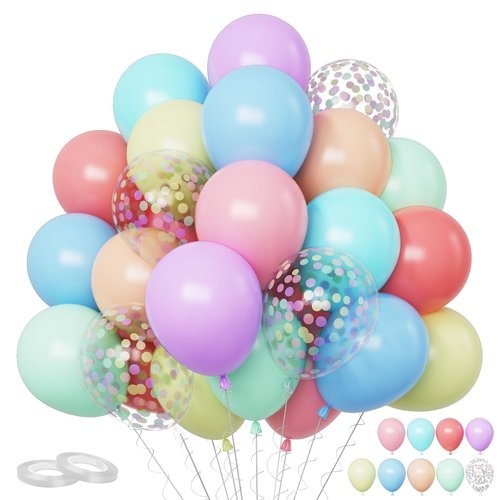 Funhot Pastel Balloons, 60 Pcs Pastel Latex Balloon, 12 Inch Macaron Red Pink Blue Purple Green Yellow Orange Balloon Colorful Confetti for Birthday Baby Shower Wedding Rainbow Pastel Party Decoration