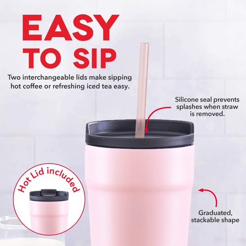 DASH 20oz Tumbler with Spill-Proof Lid and Straw, Stainless Steel Vacuum Insulated Coffee Tumbler Cup, Double Wall Powder Coated Travel Mug - Rose