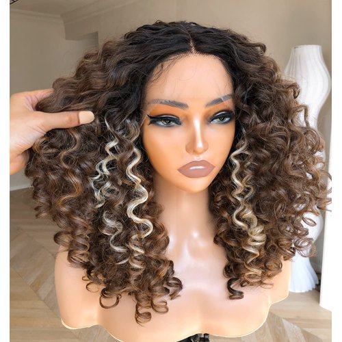 BlackSwern Brown Glueless Curly Lace Front Wigs Pre Plucked, Lace Front Wigs Curly Hair Synthetic Lace Front Wig, Big Curly Wigs for Black Women Color : Chocolate Brown