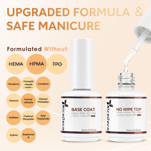 Nicedeco No Wipe Gel Top Coat and Base Coat Set 2 Pcs 15ml Gel Nail Polish Soak Off LED Nail Lamp Gel Base Top Coat Shine Finish and Long Lasting Nail Art