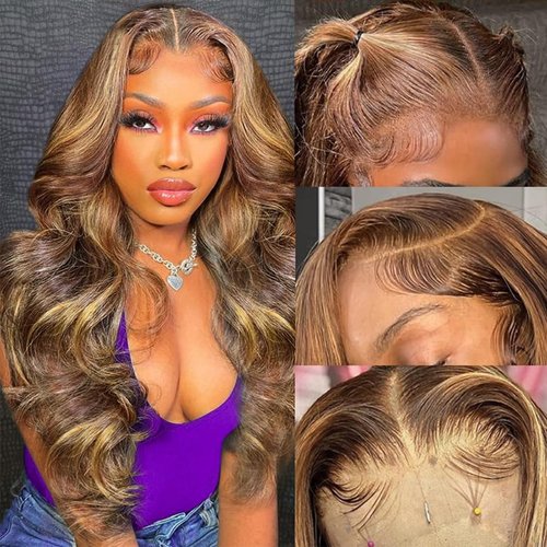 SWEETGIRL 13x6 Highlight Lace Front Wigs Human Hair Body Wave Hd Lace Frontal Wigs P4/27 Honey Blonde Ombre Colored Human Hair Wigs for Women Pre Plucked 180 Density 24 Inch