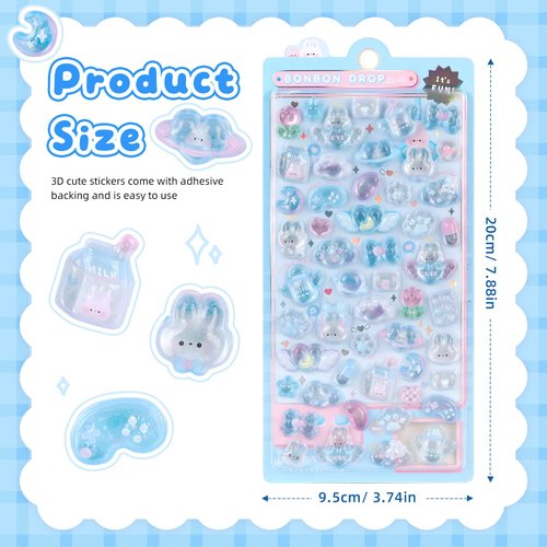 3D Cute Stickers Cartoon Blue Rabbit Puff Stickers Kawaii Mini Puffy 3D Reusable Tiny Patch for Scrapbooks Planner Journals Laptops Phone Case Decoration
