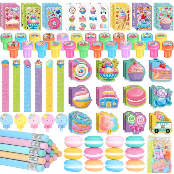 BenLouis 192Pcs Candyland Party Favors Ice Cream Donut Mini Notebook Stampers School Stationery Bulk for Kids Lollipop Sweet Treats Birthday Goodie Bags Pinata Filler Classroom Prizes Supplies