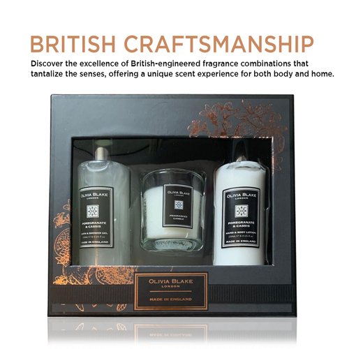 Olivia Blake Beauty Trio: Pomegranate & Cassis - Fragranced Candles, Bath Gel, and Body Lotion Set