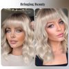 testar Short Wavy Bob Gray Wigs For White Women Platinum Curly Bob Wigs With Bangs White Bob Wig Synthetic Curly Wigs for Daily Party Use 14IN