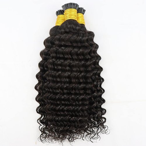 Deep Wave I Tip Hair Extensions Human Hair 22 inch Cold Fusion 1B Natural Black Keratin Hair Extensions Deep Curly Real Hair I Tip Hair Extensions 50g 50Stands for Women Culry Microlink Beads Hair