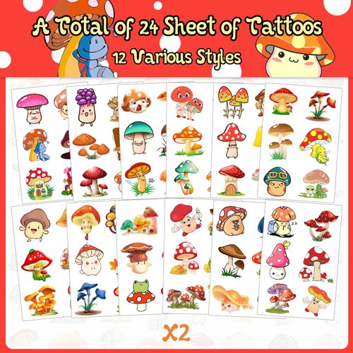 (144PCS) Mushroom Temporary Tattoos Stickers for Mushroom Party Favor Birthday Party Decorations supplies Gifts for Boys Girls 24 Sheet