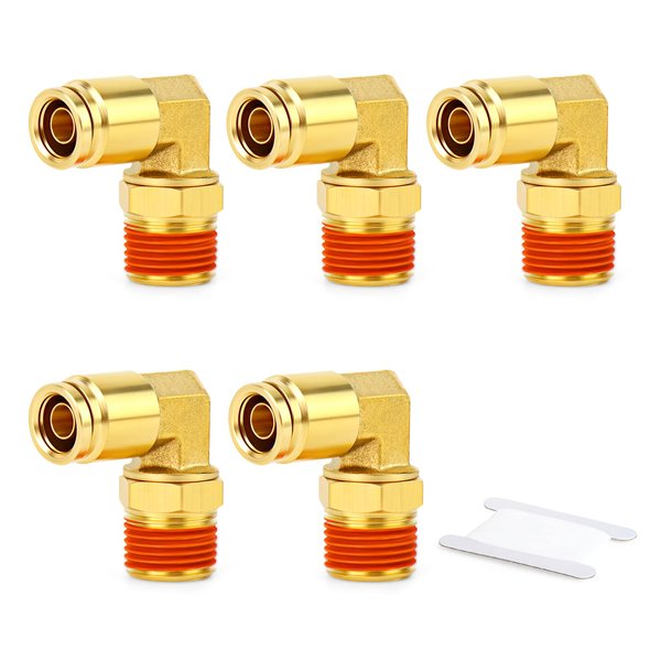 GASHER 5PCS Brass DOT Push to Connect Fittings, 3/8" OD x 3/8" NPT 90 Degree Elbow Union Tube Air Brake Line Fittings for Trucks Trailers or Industrial