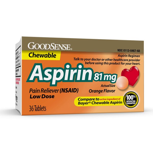 GoodSense Aspirin 81 mg Pain Reliever (NSAID) Chewable Tablets, Low Dose Aspirin, Orange Flavor