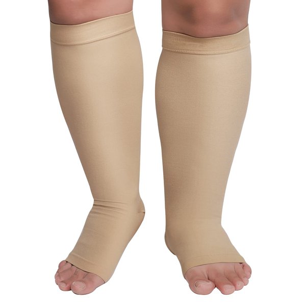 KEKING® Extra Wide Calf Compression Socks for Men & Women, 20-30 mmHg Compression Stockings Open Toe - Plus Size Knee High Support Hose for Varicose Veins, Pain Relief, Swelling, Beige M