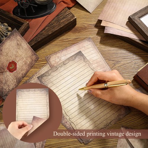 Mini Vintage Stationery Set Stationery Paper for Writing Letters Double Sided Printing (50 Stationery Papers + 50 Matching Envelopes) 60 Vintage Round Dot Stickers, 5.5 x 8.25 Inch, 10 Designs