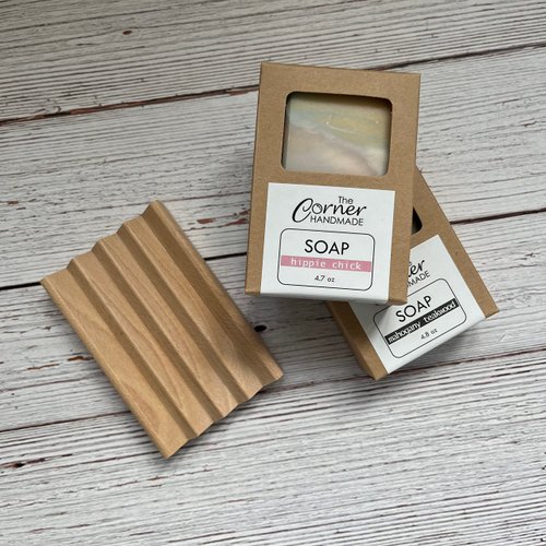 Soap Dish Gift Set, 2 Hand Crafted Soaps and Wood Soap Dish Gift Box, Holiday Present