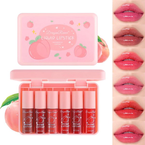 6 Colors Peach Lip Tint Stain Set, Matte Velvet Lip Tint Korean Lip Gloss Waterproof Long Lasting Multi-use Mini Liquid Lipstick, Lightweight, Vivid Color, Lip Tint Makeup