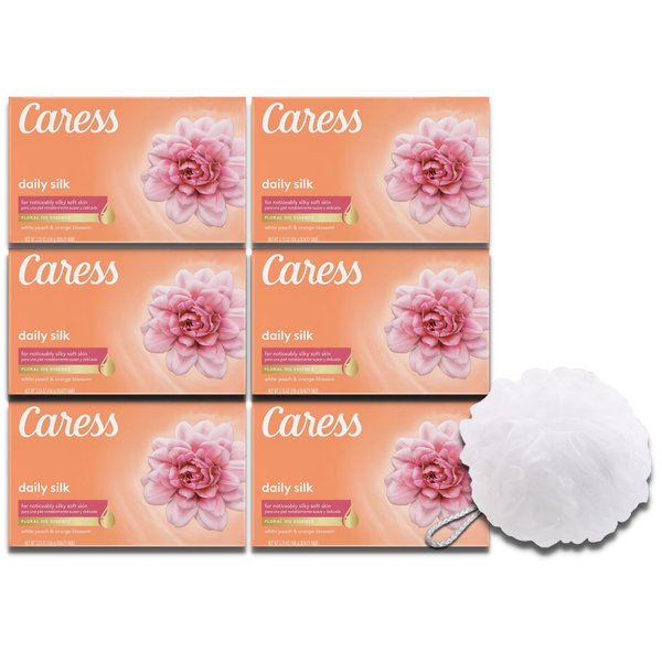 Caress Beauty Bar Soap Bundle with Bonus bath Sponge Loofah For Silky, Soft Skin Daily Silk With Silk Extract and Floral Oil Essence 3.75 oz (6)
