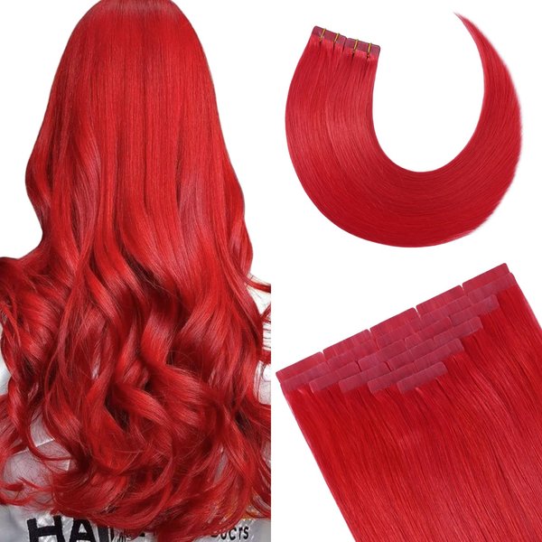 Aison Red Tape in Hair Extensions Human Hair 22 Inch 60G Tape in Human Hair Extensions Red 100% Remy Human Hair Extensions Silky Straight for Fashion Women 20 Pcs/Package