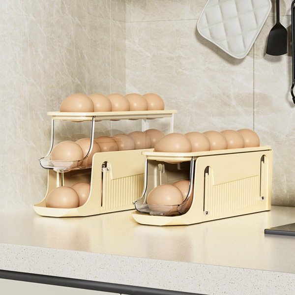 3-Tier Slide Egg Holder for Refrigerator, Detachable Egg Storage Organizer with 7° Slope Design - Automatic Rolling Egg Dispenser, Space-Saving Single Row Fridge Organizer (Cream)