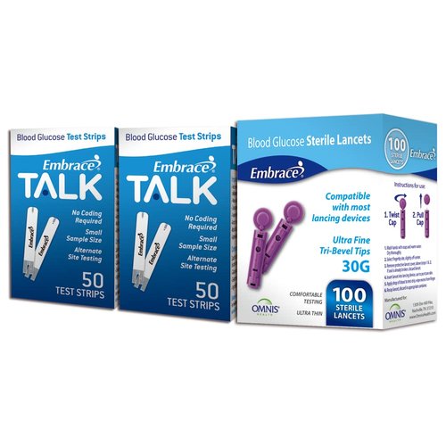 100ct Embrace Talk Blood Glucose Test Strips Includes 100 Lancets