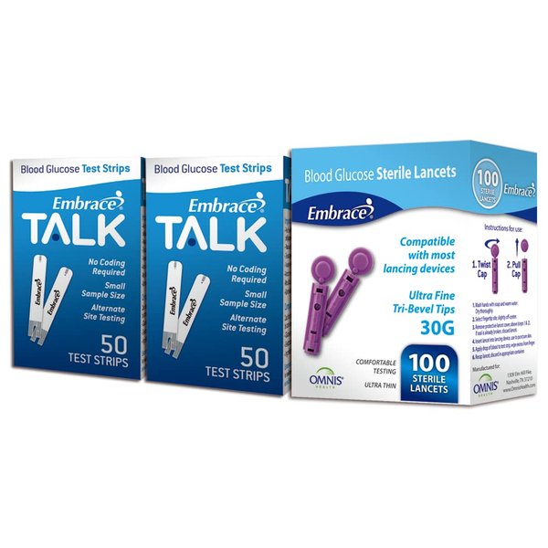 100ct Embrace Talk Blood Glucose Test Strips Includes 100 Lancets