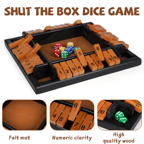 Shut The Box Dice Game, 1-4 Players Wooden Family Board Math Game with 12 Dice ，Pub Strategy Dice Game for Adults Classic Tabletop Educational Game for Family, Classroom, Home
