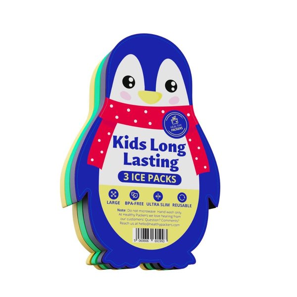 Healthy Packers Reusable Long-Lasting Ice Packs for Kids - Slim Ice Packs for Lunch Boxes, Lunch Bags, and Coolers - Freezer Packs for Lunch Boxes - Multicolored 3-Pack (Penguin)