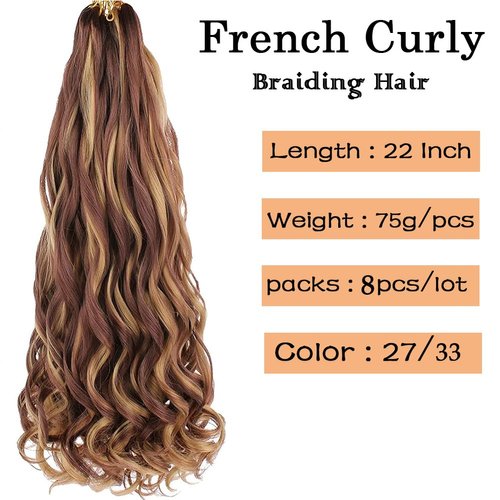 French Curly Braiding Hair 22 Inch Loose Wave Braiding Hair 8 Pack Pre Stretched Synthetic Braiding Hair Extensions (27/33, 22 Inch (Pack of 8))