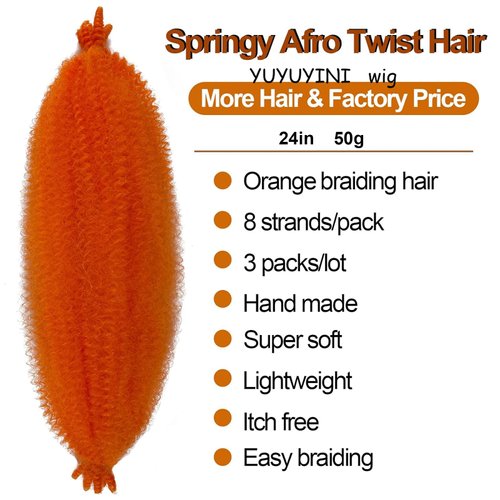 Springy Afro Twist Hair Pre-Separated Kinky Marley Twist Braiding Hair 3spacks Springy Twist for Distressed Faux Locs Synthetic Hair Extensions Cuban Twist Hair (24 inch,orange)