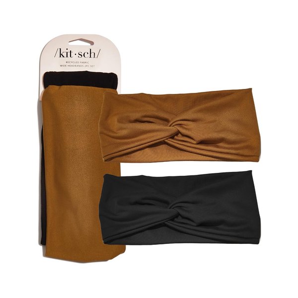 Kitsch Wide Headbands for Women | Recycled Fabric Turban Headband for Women | Wide Headband & Head Wraps for Women | Fashion Boho Headbands for Women, 2pcs (Black & Camel)